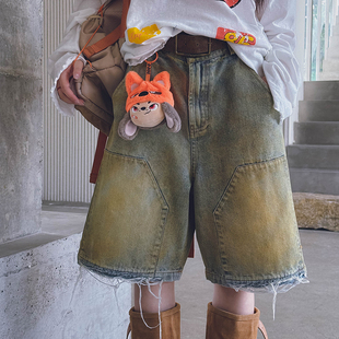 冷大娘 男女中大童复古醇洗重工做旧牛仔中裤百搭儿童5分裤子亲子