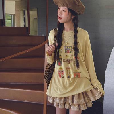 女中大童纯棉甜妹印花长袖T恤