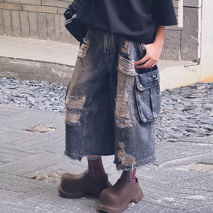 冷大娘男女中大童高阶水洗破洞重工牛仔中裤百搭儿童松紧腰裤子