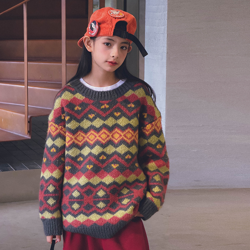 冷大娘男女中大童彩色毛线针织衫