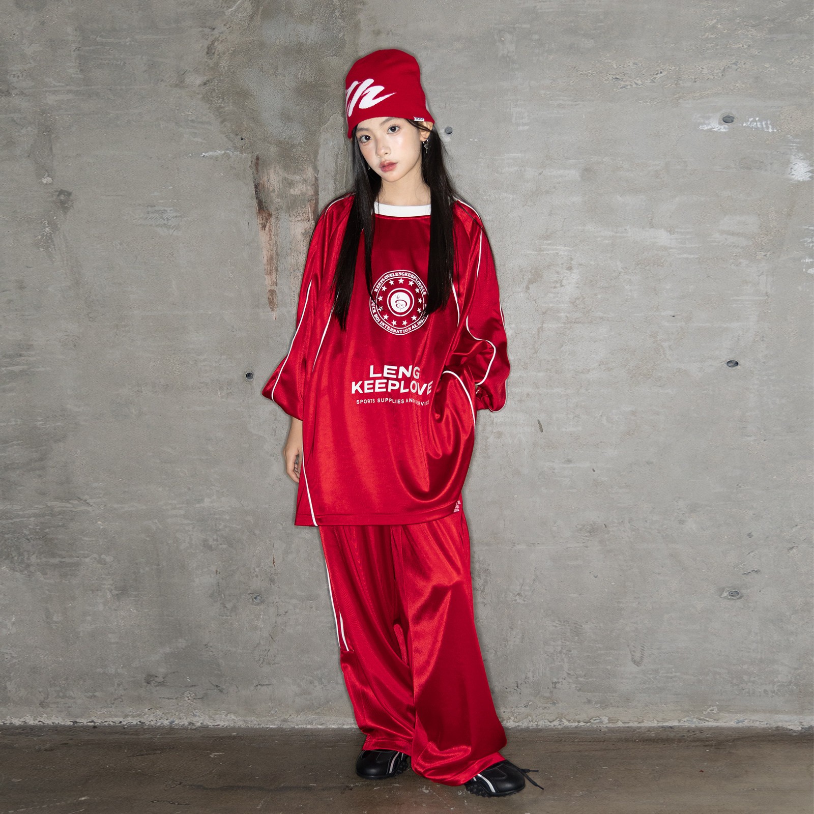 冷大娘  男女中大童运动套装嘻哈街舞潮牌缎面运动上衣长裤亲子款