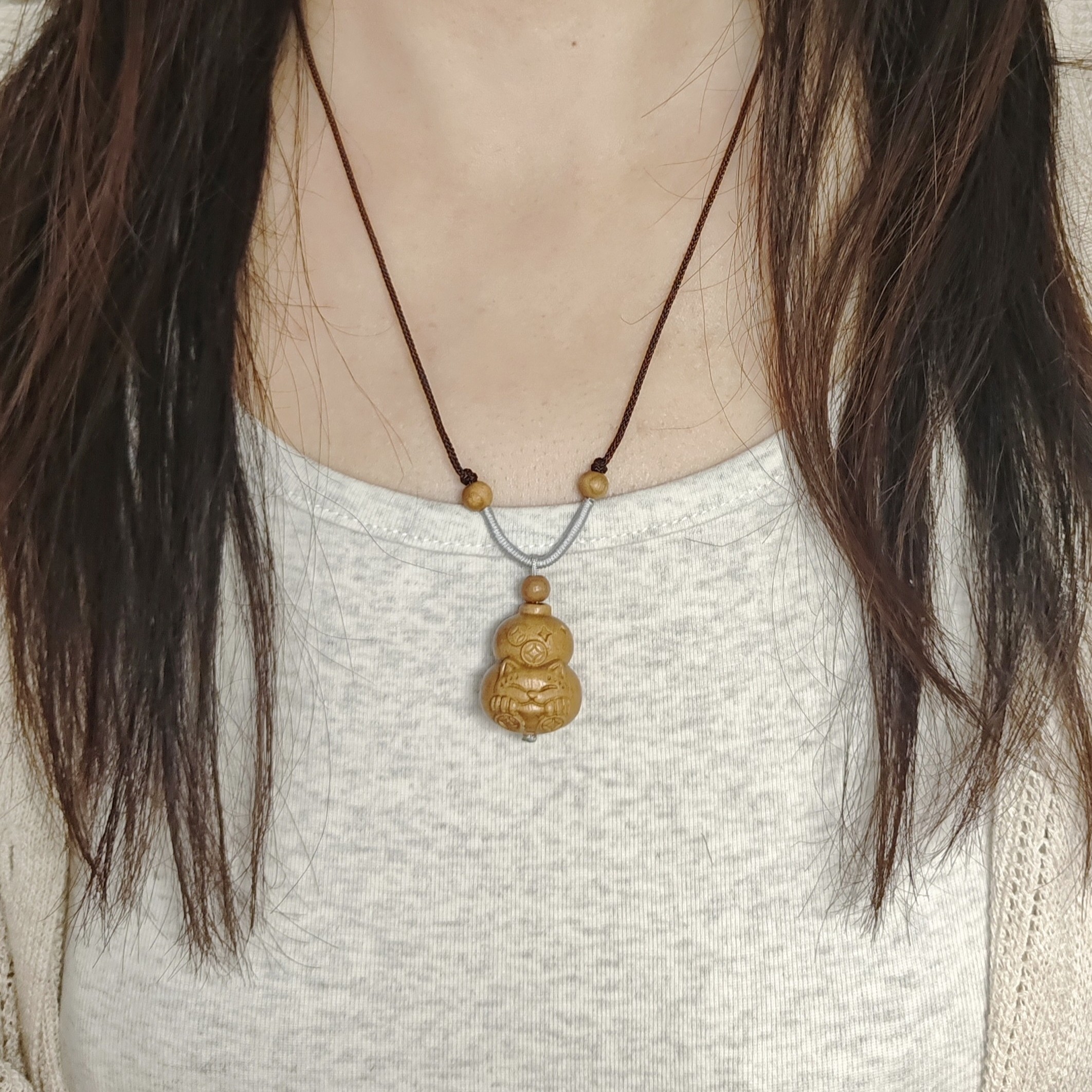 天然纯桃木葫芦项链招财猫吊坠本命年护身符平安挂饰男女士压惊款