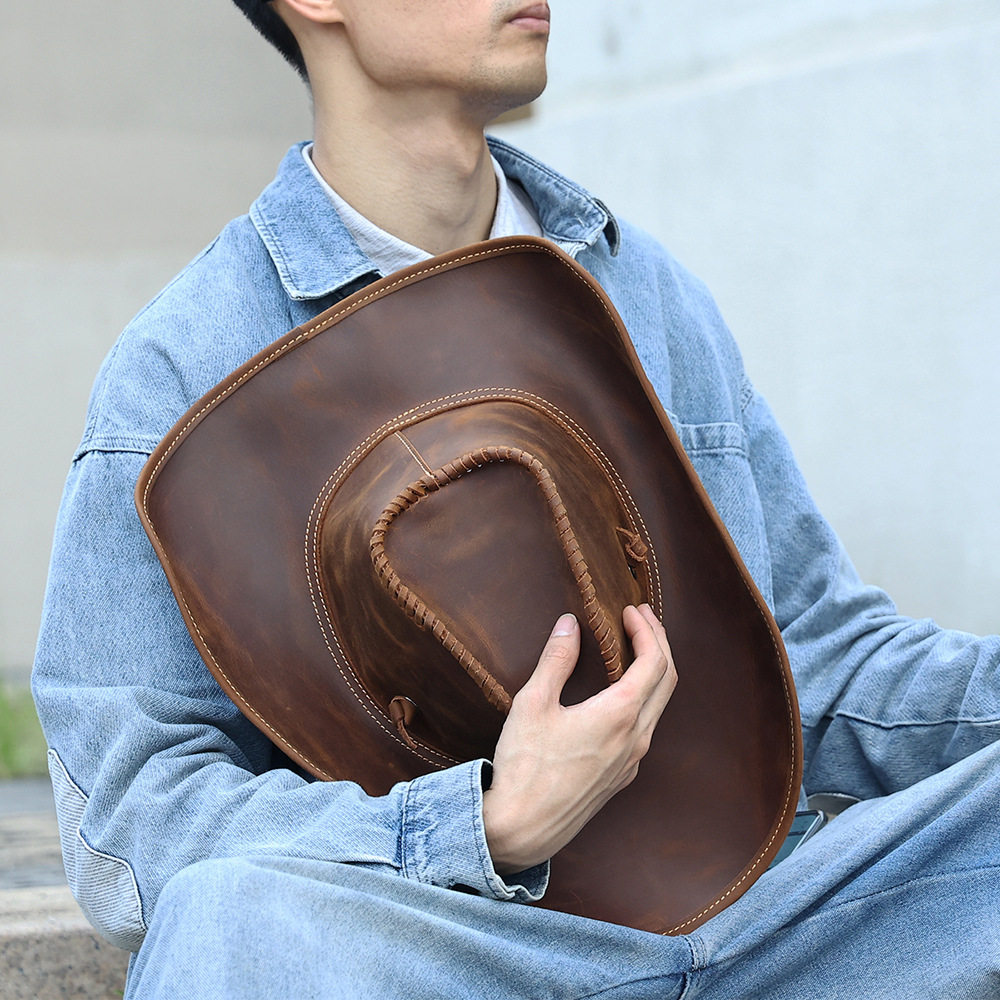 新款男士真皮牛仔帽复古英伦风帽子夏日户外疯马皮防晒遮阳帽男