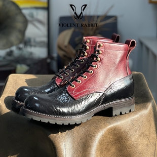 VR兔爷8320黑红缩纹马臀伐木靴真皮手工固特异高帮马丁靴工装 靴男