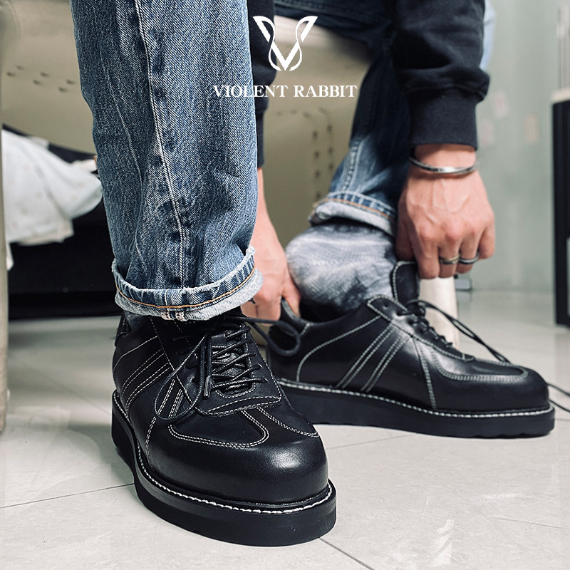VR兔爷夏季马皮复古黑色德训鞋板鞋真皮厚底百搭男运动时尚休闲鞋