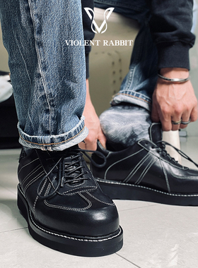 VR兔爷夏季马皮复古黑色德训鞋板鞋真皮厚底百搭男运动时尚休闲鞋