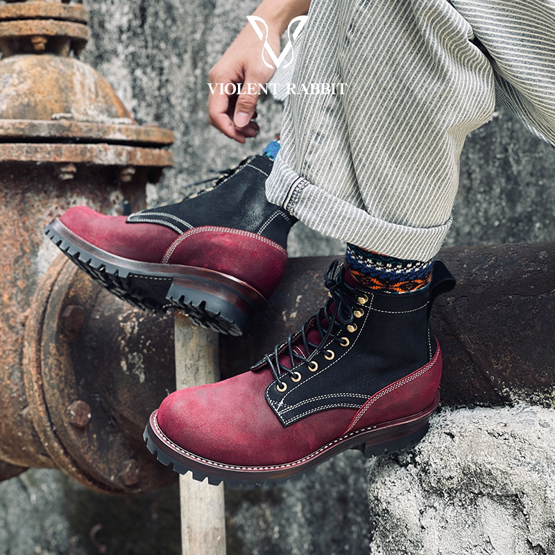 龙血红拼黑色骆驼皮伐木靴男