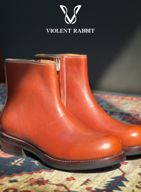 VR兔爷A14切尔西靴红棕小牛皮男德永胜也手缝沿条固特异鞋套脚靴