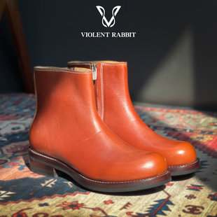 VR兔爷A14切尔西靴红棕小牛皮男德永胜也手缝沿条固特异鞋套脚靴