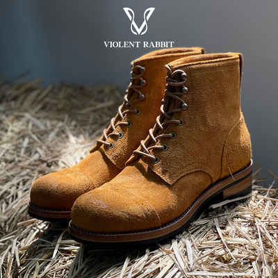 VR兔爷V105猪脸伞兵靴男款CFS反绒皮土黄色工装靴高帮手工固特异