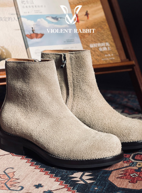 VR兔爷A14切尔西靴CFS青灰色牛反绒皮男手缝沿条固特异高帮皮靴