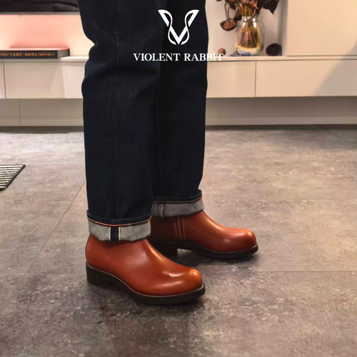 VR兔爷A14切尔西靴红棕小牛皮男德永胜也手缝沿条固特异鞋套脚靴