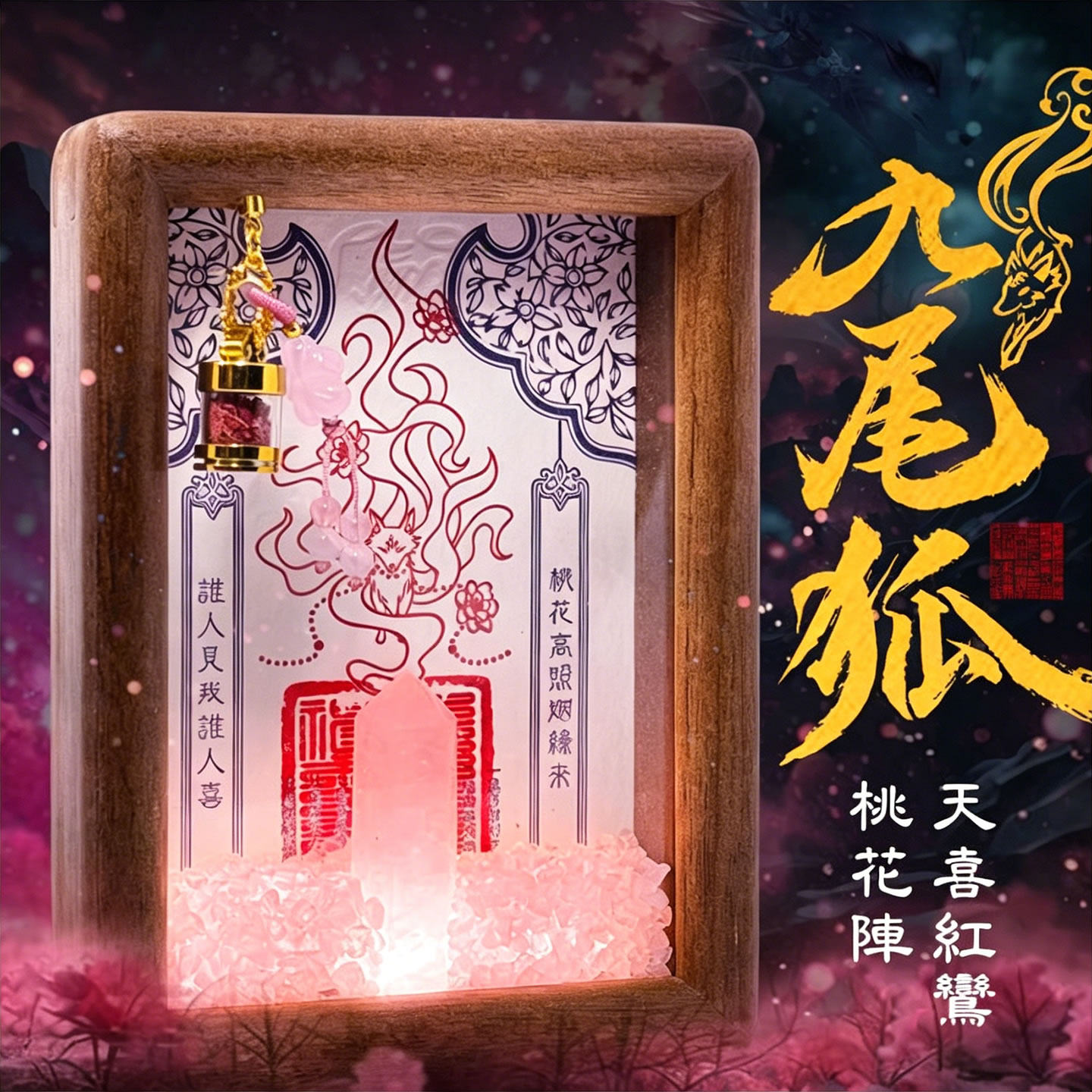 慈风阁原创九尾狐单身男女情侣感情粉水晶柱月老牵线招桃花摆件