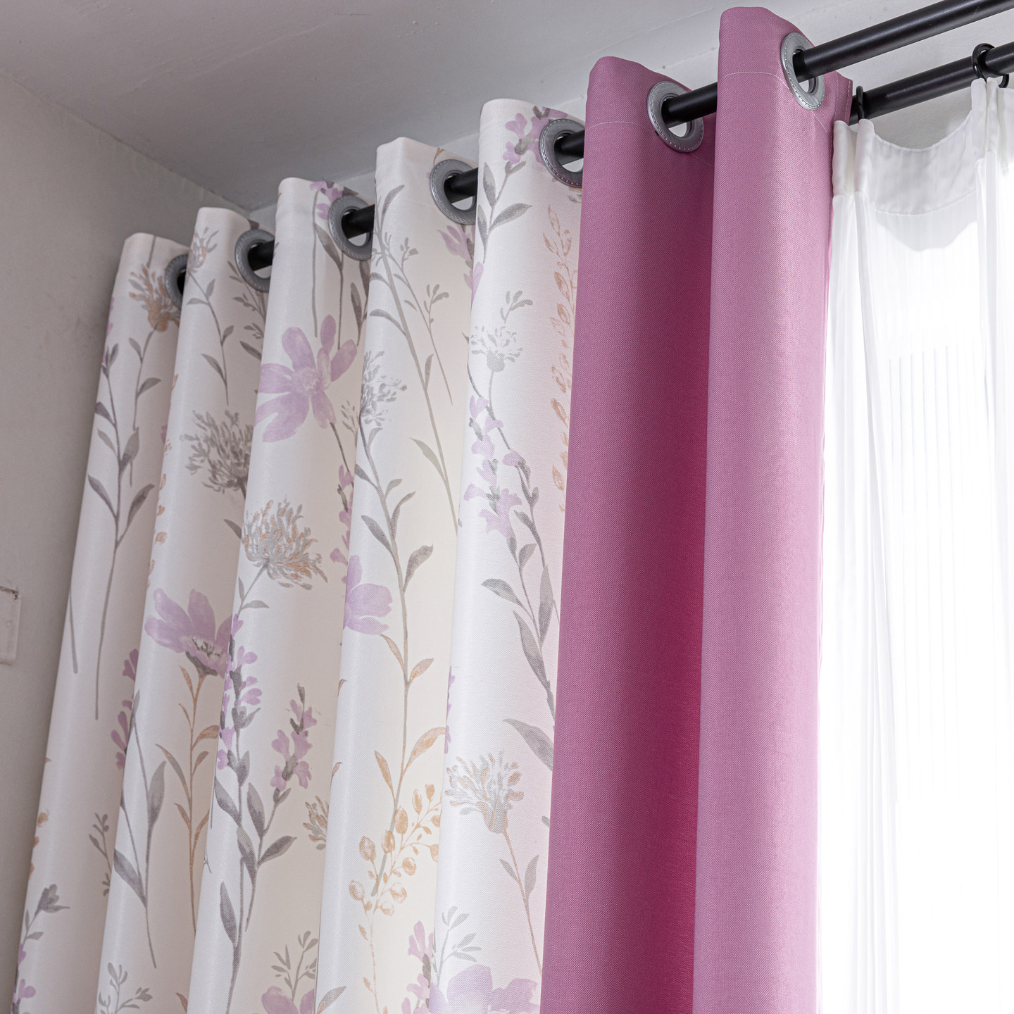 2025北欧简约棉麻紫色透光不透人拼接卧室客厅阳台半遮光落地窗帘