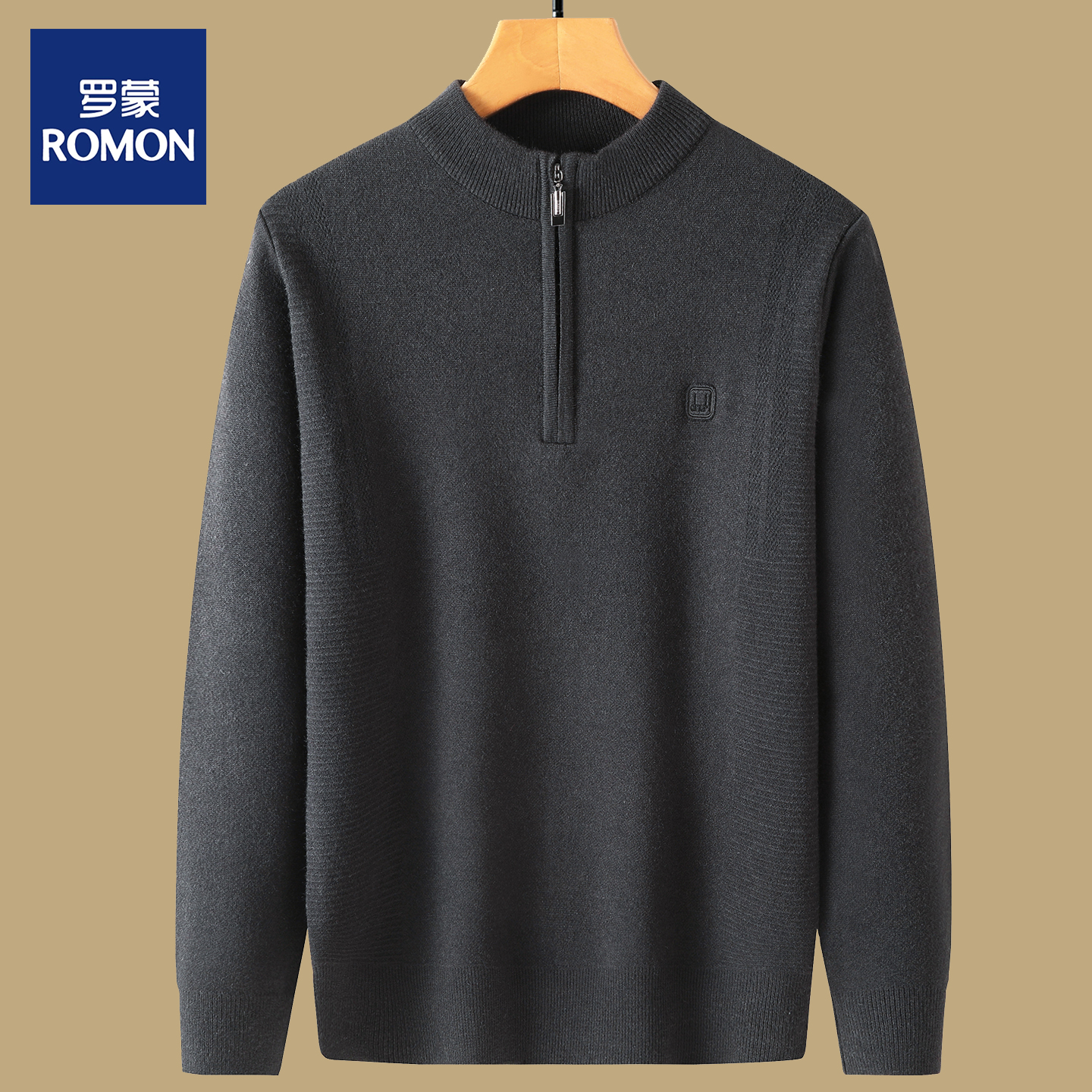罗蒙中年男士加绒圆领半拉链毛衣爸爸冬季加厚保暖打底针织衫上衣