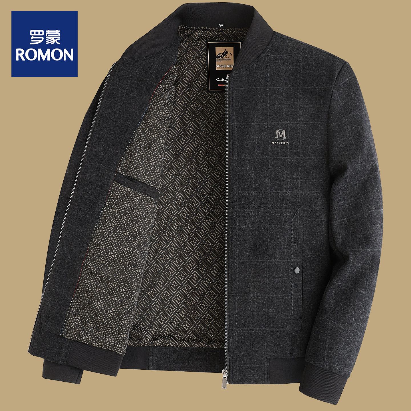 罗蒙爸爸装棒球领外套男士商务休闲秋款中老年男装毛呢夹克衫上衣