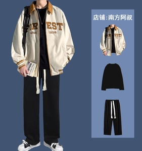 美式翻领棒球服男生春秋潮牌夹克套装痞帅气搭配直筒裤三件套衣服