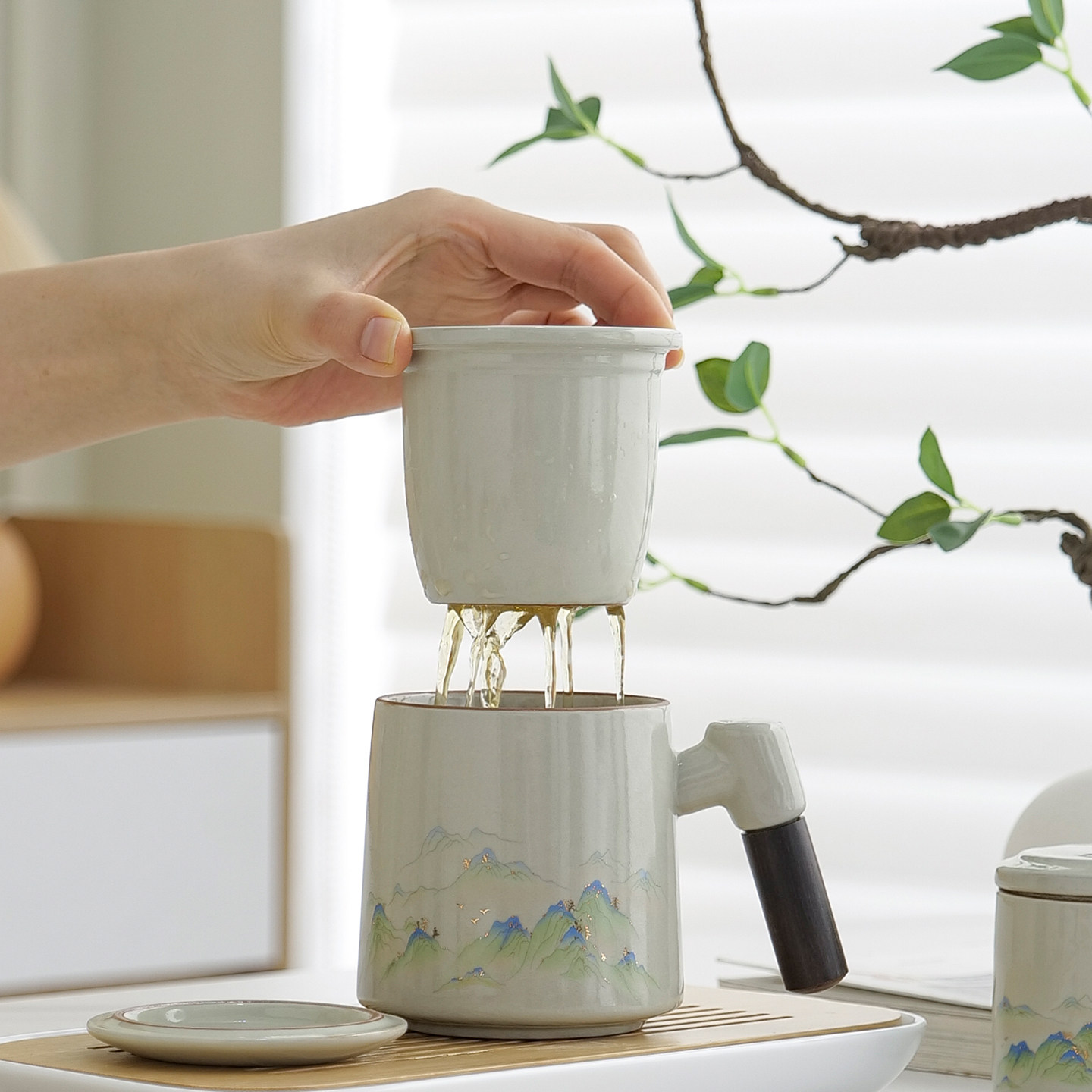 高档礼盒汝窑办公杯陶瓷大容量茶水分离泡茶杯个人主人杯logo开片