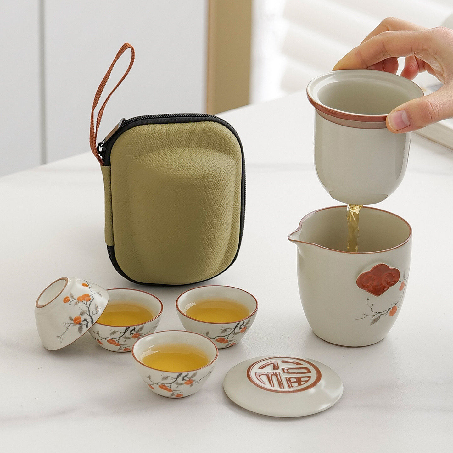 汝窑旅行茶具套装一壶四杯快客杯陶瓷茶壶开片功夫茶杯定制便携式图片