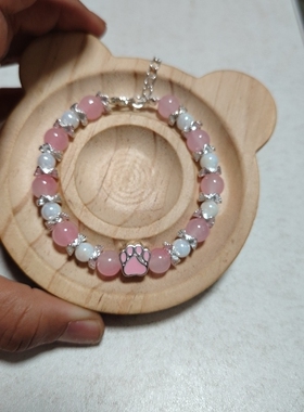 8mm琉璃瓷珠纯手工哑银猫爪手链女粉色小众设计闺蜜礼物三件套