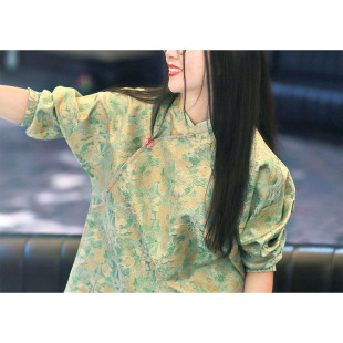 松身旗袍 原创非遗辉煌宋锦镶边粉斜襟减龄中式 画子行山水 青瓷