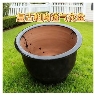 龙缸花盆粗陶黑釉缸加厚特大号复古百福落地盆景庭院种树陶瓷花盆