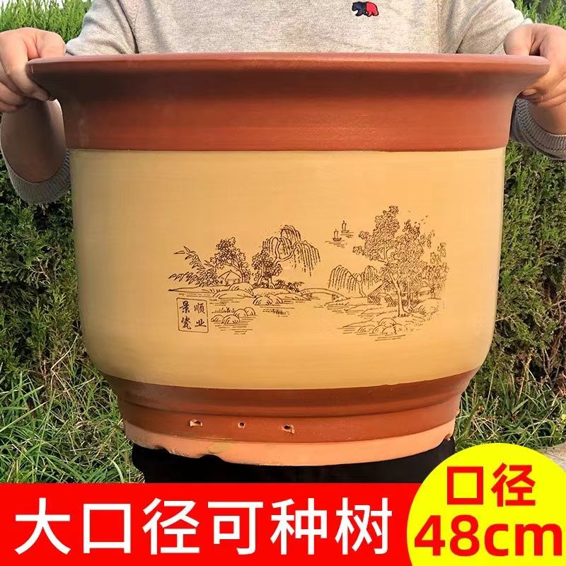 陶瓷花盆紫砂盆陶土粗陶大口陶瓷特大号家用圆形田园粗陶花盆清仓