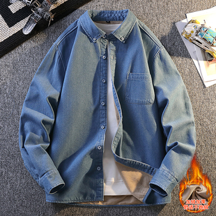 冬季纯棉牛仔衬衫13青少年14岁中学生大童16潮牌加绒加厚衬衣外套