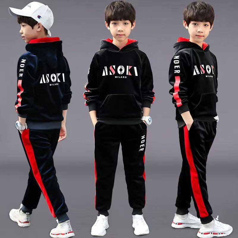男童运动套装秋冬加绒连帽卫衣两件套中大儿童装潮双面绒两件套