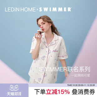 LEDiN HOME乐町睡衣swimmer双口袋短袖家居服女防凸点不带胸垫