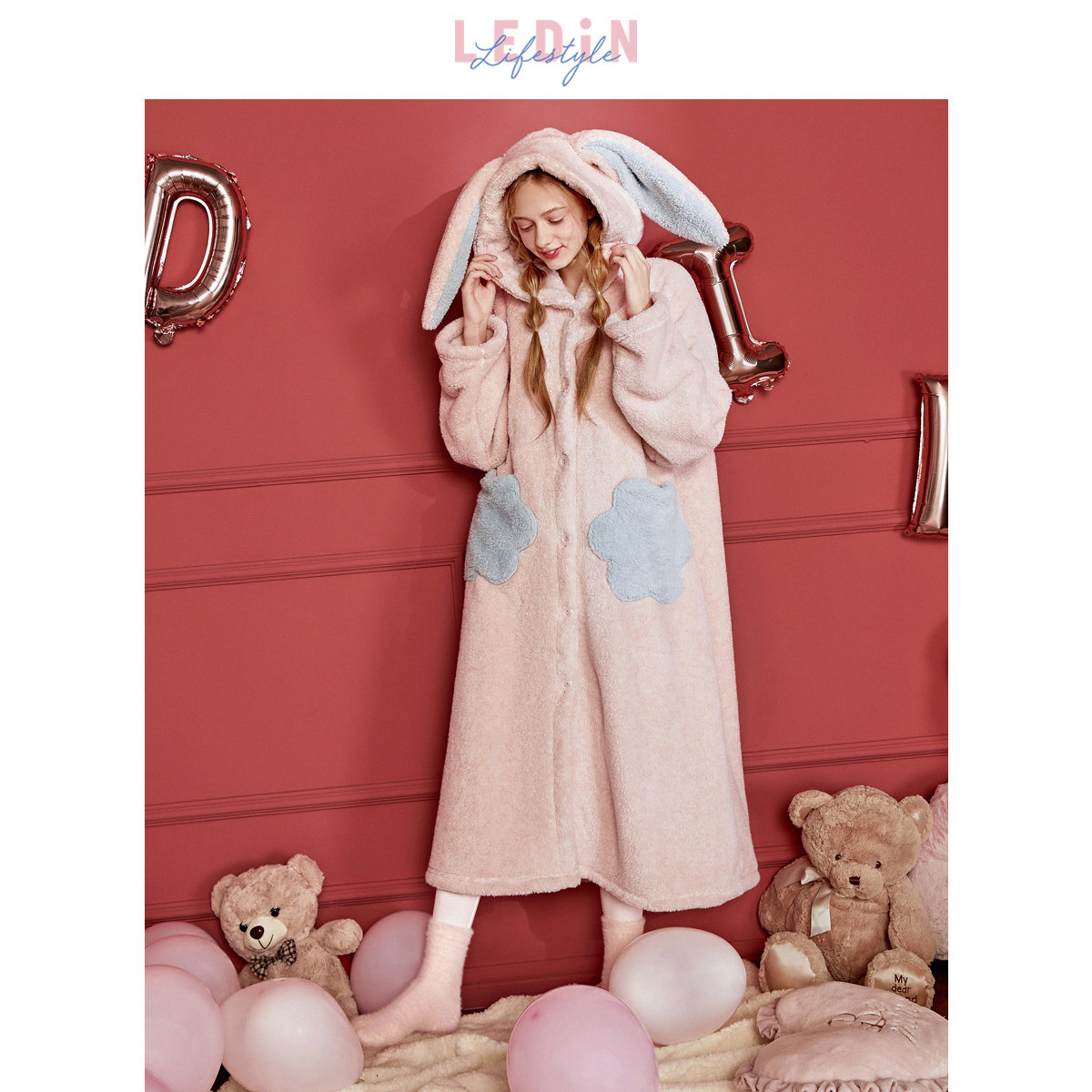 乐町兔耳朵睡袍女秋冬长款浴袍晨袍家居大码睡衣学生可爱舒棉绒