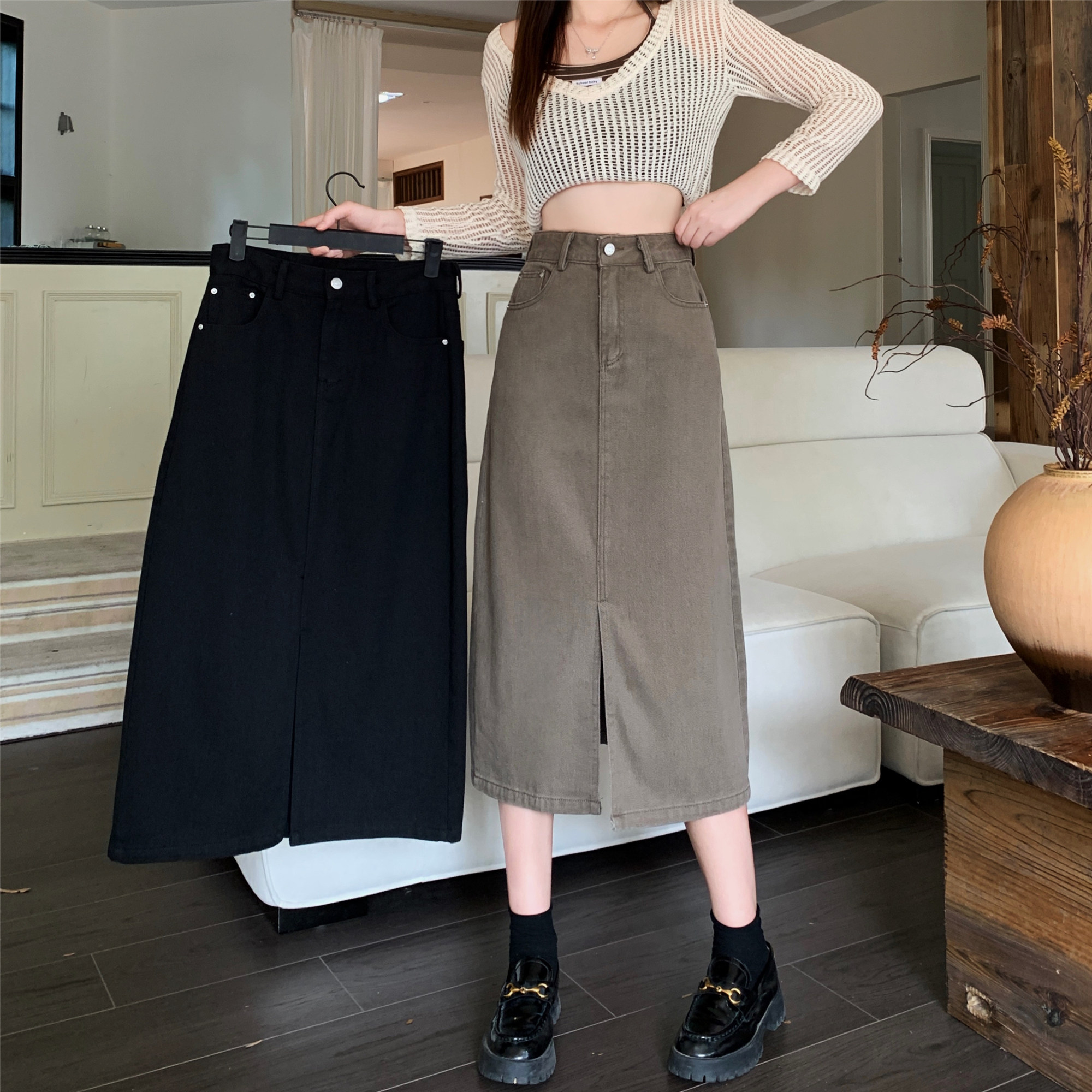 大码女装纯色复古高腰显瘦牛仔开叉半身裙胖mm秋季时尚休闲裙子