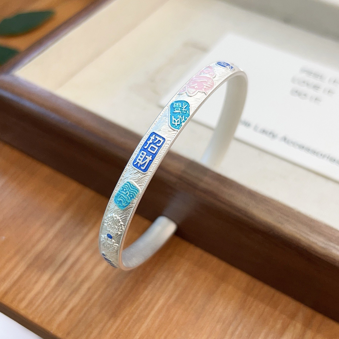 吉言手镯足银珐琅彩古法银手环