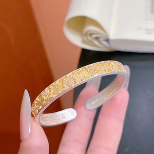 足银999.9描金向日葵开口手镯新中式 手饰 古法磨砂纯银珐琅彩时尚