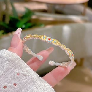 足银999.9新中式古法描金珐琅彩向阳花开口实心手镯悦己礼物