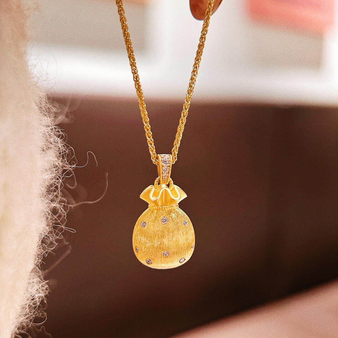 时尚纯银925拉丝镶钻福袋项链