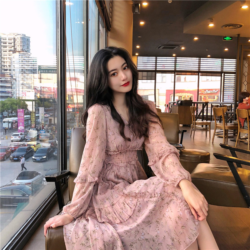 早秋新款2021雪纺碎花收腰显瘦长裙法式桔梗初恋森系超仙连衣裙女