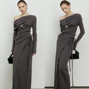 ROEYWANG 法式羊毛不对称露肩毛衣系带针织衫半身裙长裙两件套女