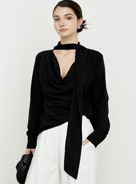 ROEYWANG 高级感法式黑色衬衣宽松气质通勤v领荡领飘带上衣衬衫女