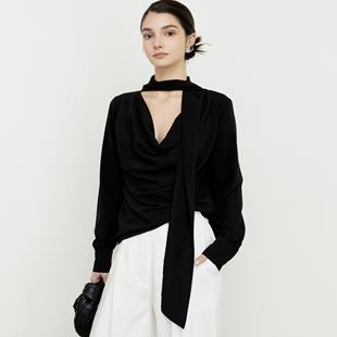ROEYWANG 高级感法式黑色衬衣宽松气质通勤v领荡领飘带上衣衬衫女