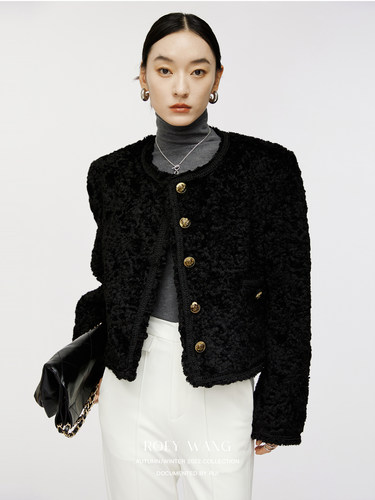 ROEYWANG美丽奴羊卷毛小香风外套