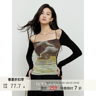 ROEYWANG印花网纱弹力修身 上衣 显瘦方领露肩后露背针织打底衫 长袖
