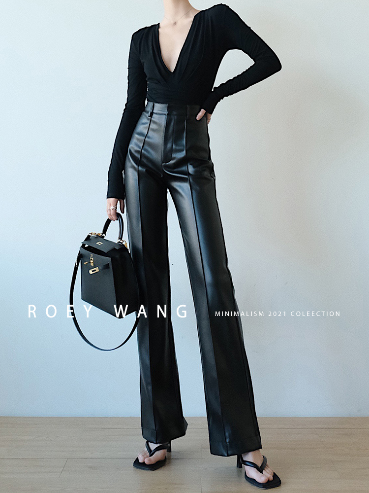 ROEYWANG高腰显瘦长皮裤