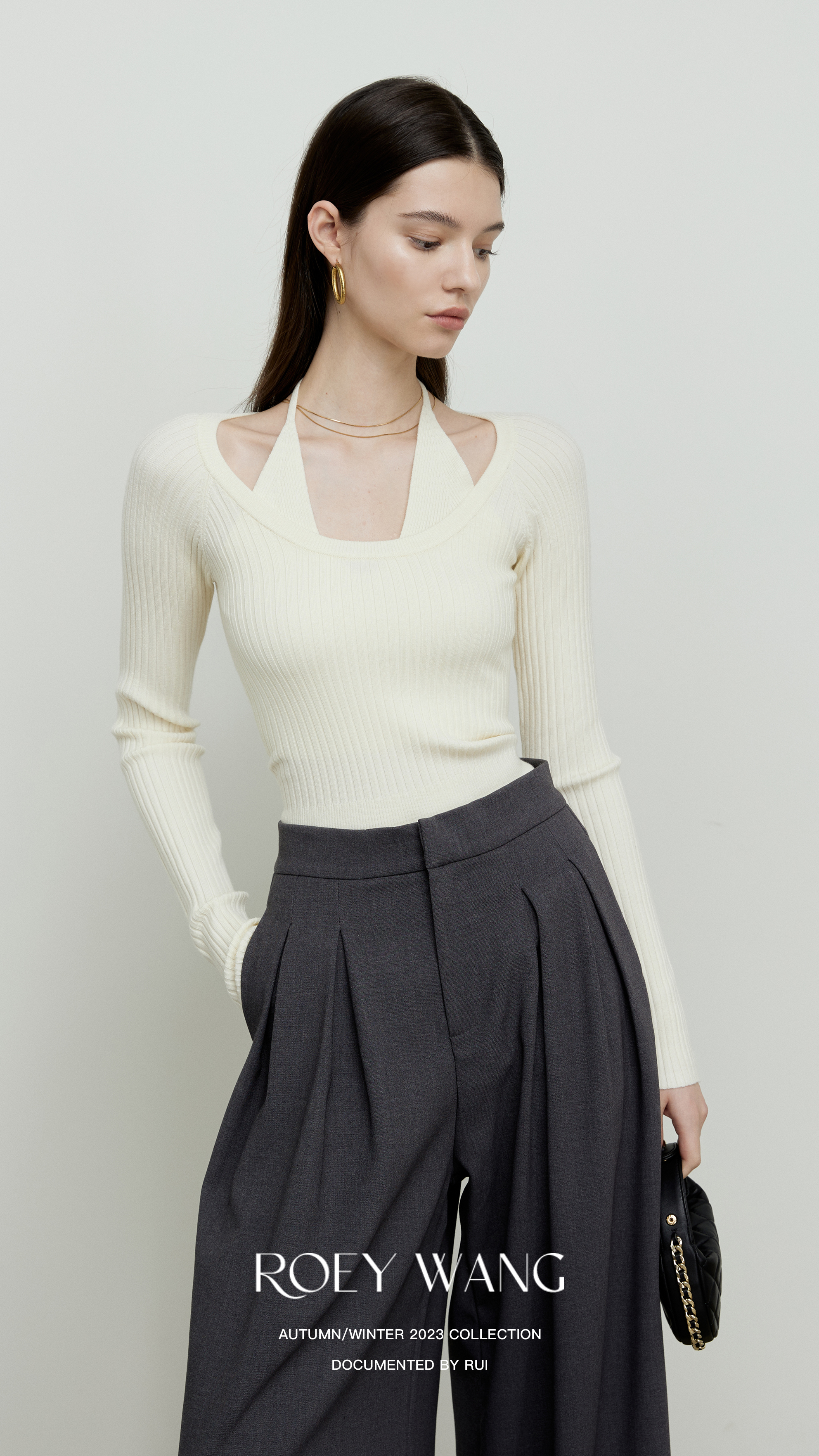 ROEYWANG 澳洲羊毛气质小众设计感露肩V领修身显瘦打底毛针织衫女