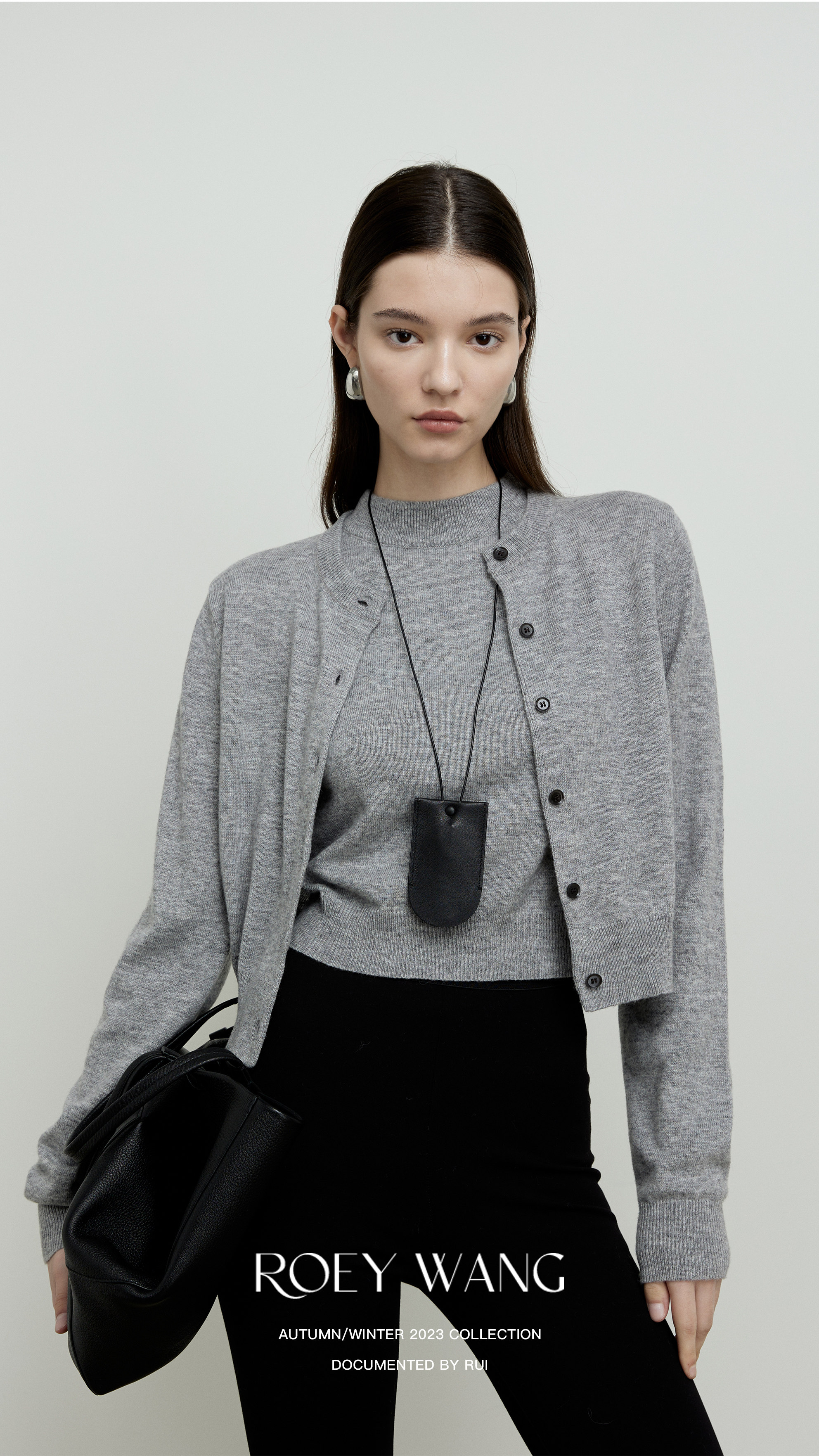 ROEYWANG 羊毛软糯慵懒长袖针织开衫背心两件套简约百搭短外套女