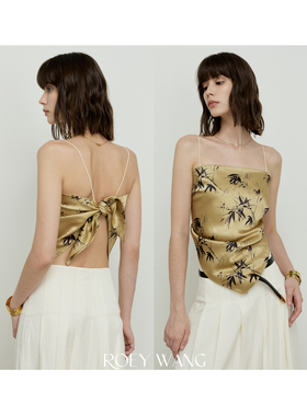 ROEY WANG 自制du家绸缎醋酸竹叶印花抹胸吊带上衣性感辣妹背心女
