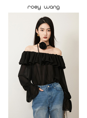 ROEY WANG 玫瑰系脖天丝薄纱仙气露肩荷叶边灯笼袖长袖衬衫