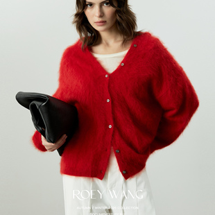 ROEYWANG 复古红色软糯毛衣女宽松显瘦百搭V领慵懒风针织开衫外套
