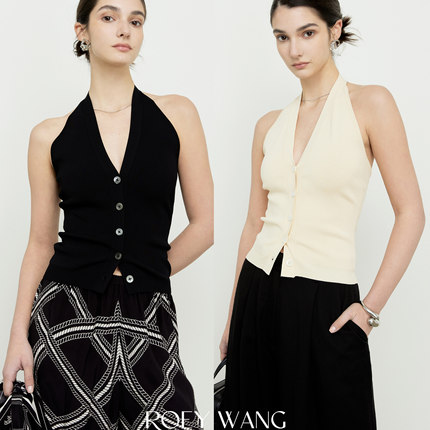 ROEYWANG 设计感法式气质V领挂脖针织吊带背心女无袖上衣毛织背心