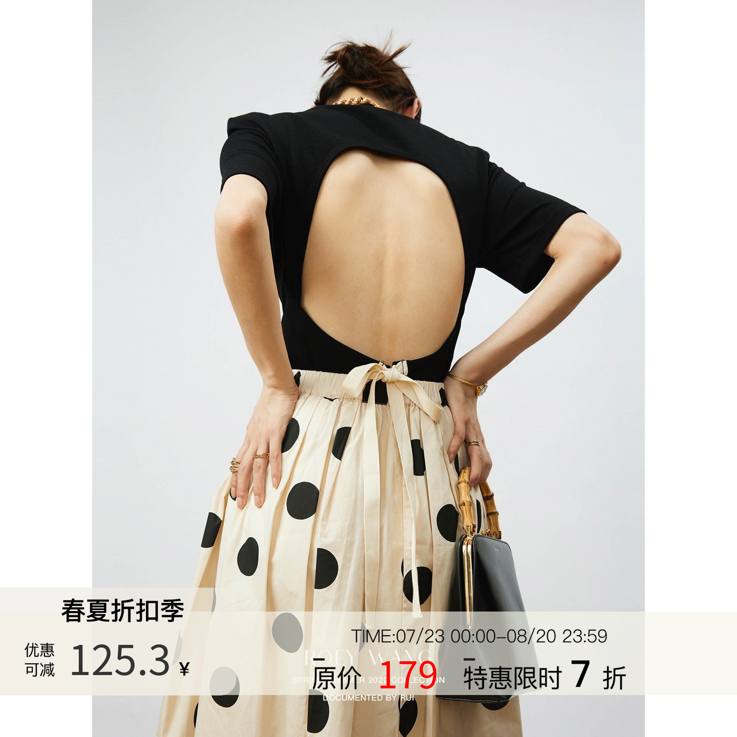 ROEYWANG 不规则露背绑带高级感小众设计纯棉圆领短袖t恤上衣女